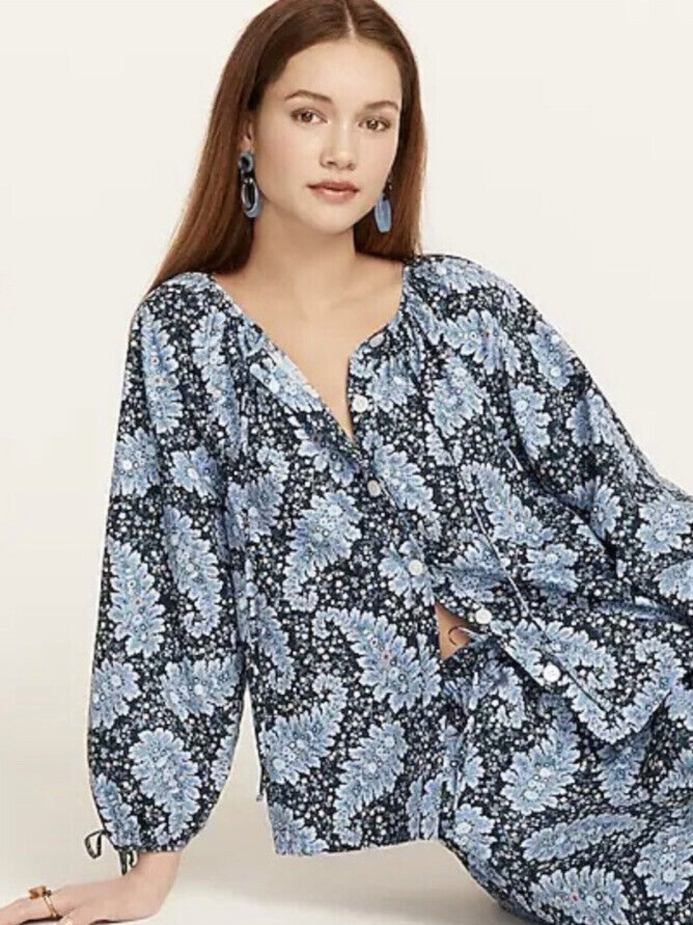 J. Crew Collection Tie sleeve Button Front Top Ratti Pacific Paisley Size L - Picture 1 of 14